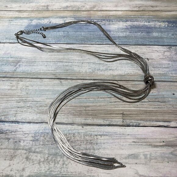 Multi-strand Herringbone Silver Tone Y Necklace Tassel NWOT‎ - Picture 1 of 6